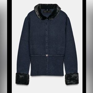 Zara navy fur trimmed belted cardigan XL NWT